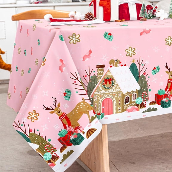AnyDesign Pink Christmas Tablecloth Gingerbread House Reindeer Table Cloth Rectangle Table Cover for Xmas Holiday Party Table Decor, 60 x 84 Inch