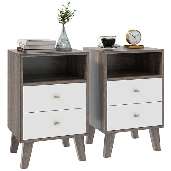 HOMCOM Nightstand Set of 2 Bedside Table with 3 Drawers and Open Storage