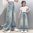 thumbnail image 4 of WMQPNNS Girl's Jeans High Waist Wide Leg Baggy Loose Denim Pants Casual Trousers with Floral Embroidery and Bow Kids Jeans, Size 3-4 Years, qu1-Blue, 4 of 8