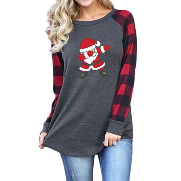 Pntutb Ladies Christmas Print Plaid manga costura manga larga cuello redondo raglán camiseta béisbol top Pntutb Pntutb-7572