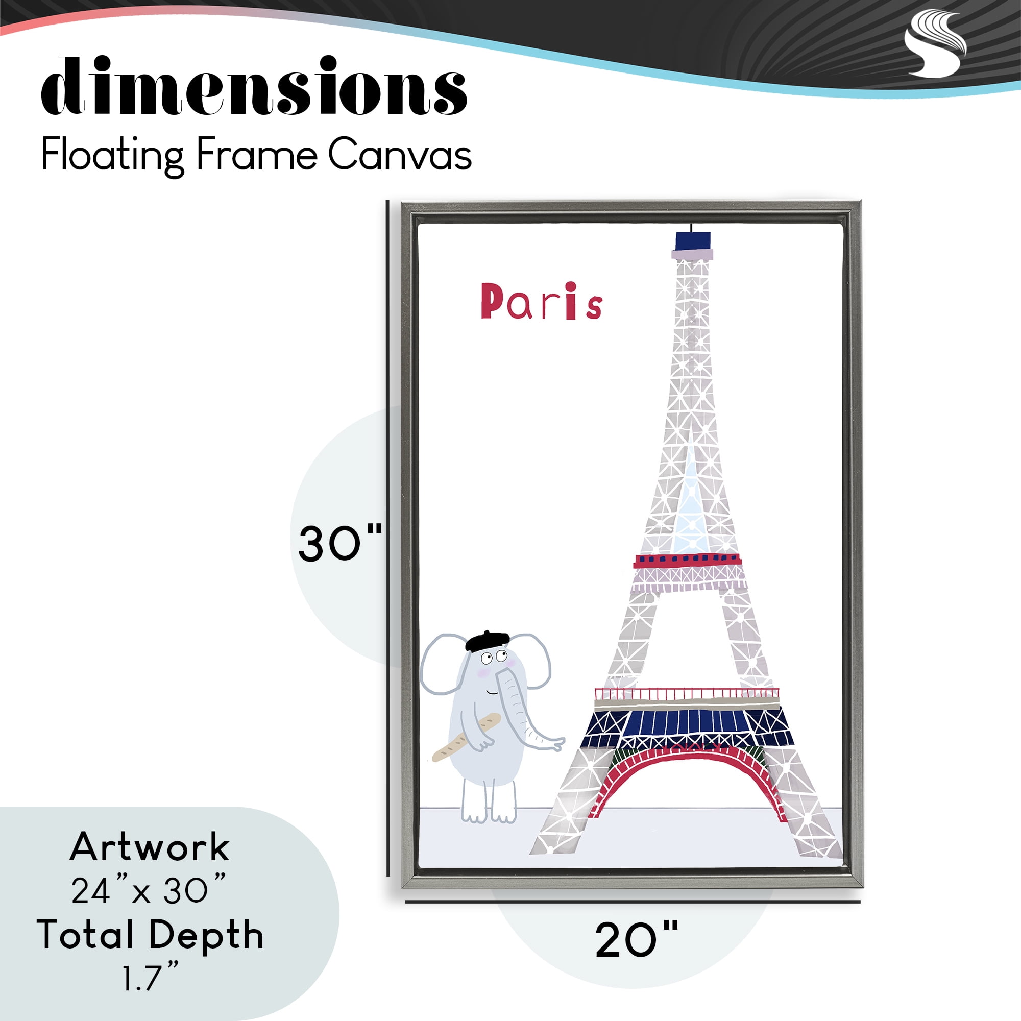 Elephant & Eiffel Tower Gray Framed Floater Canvas Wall Art, design by Carla Daly