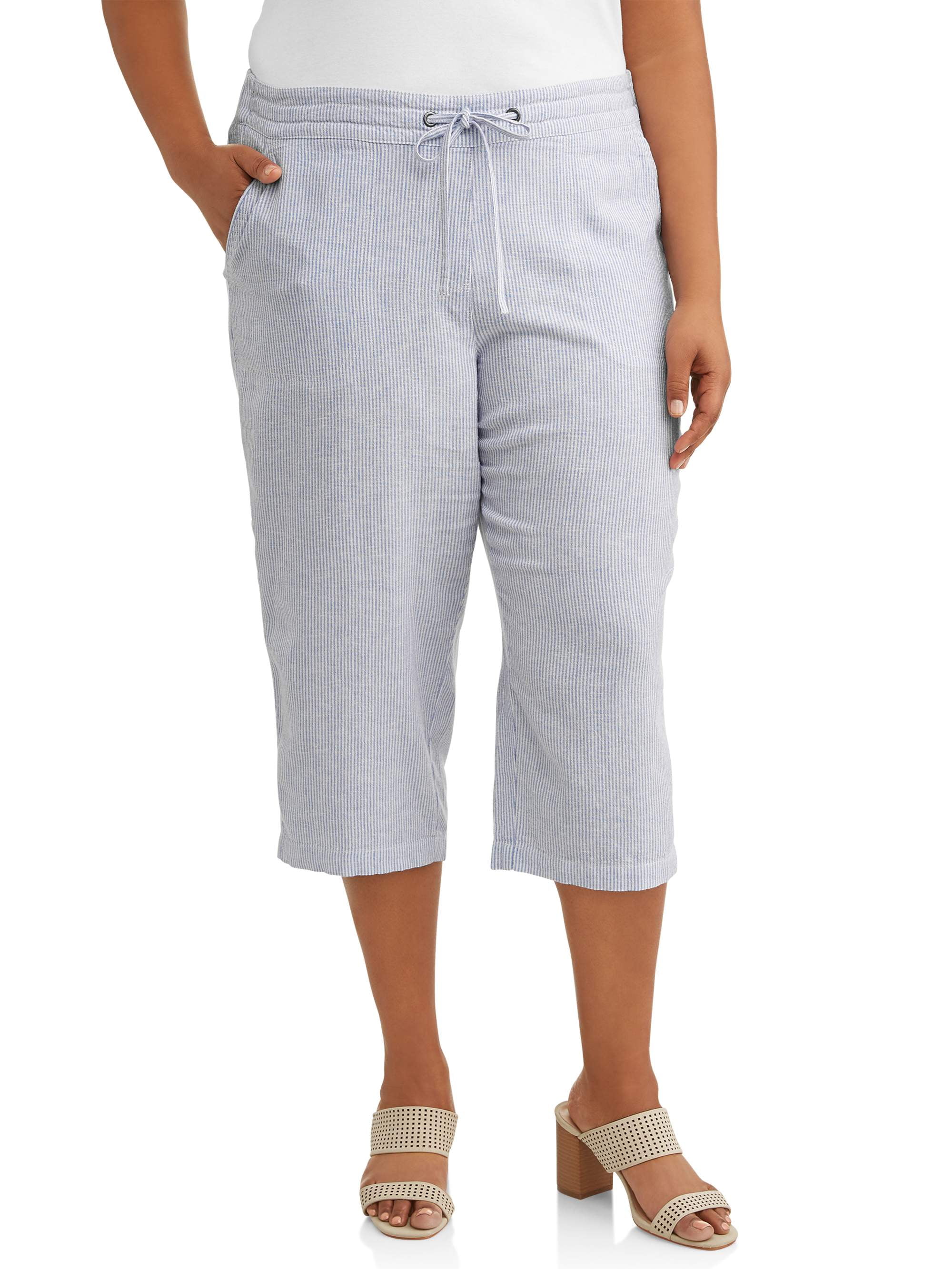 Women's Plus Size Stripe Linen Drawstring Waist Capri - Walmart.com