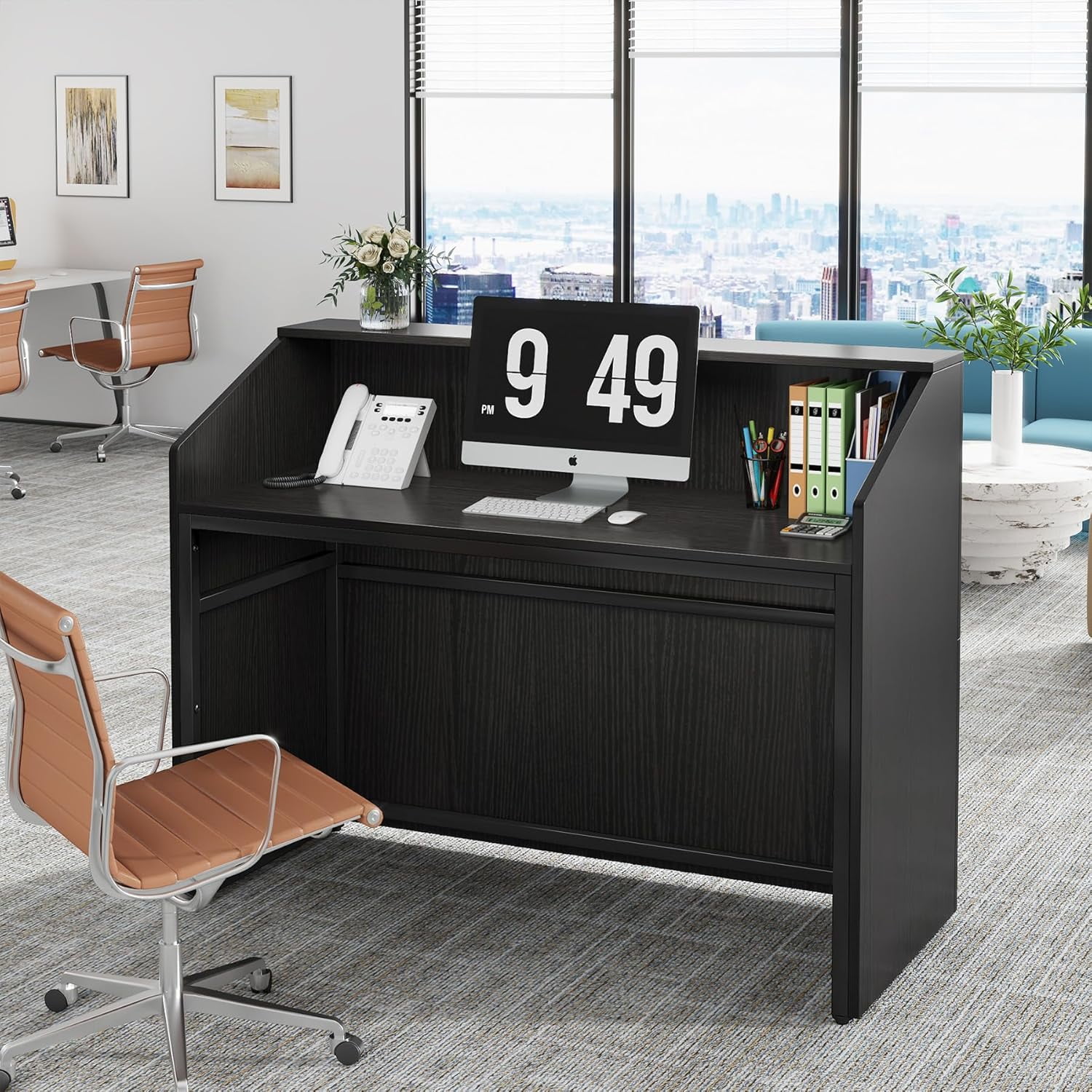 Tribesigns Modern 47" Front Desk, Wood Reception Desk Retail Counter for Salon, Home Office, Black