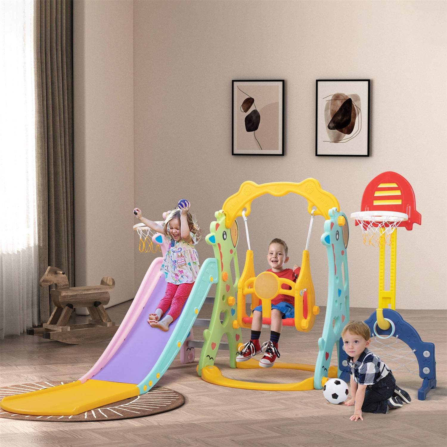 CIPACHO 5 in 1 Kids Slide and Swing Set with 2 Basketball Hoops, Football, Ringtoss, Indoor Outdoor, Red + Yellow CIPACHO 5 in 1 Kids Slide and Swing Set with 2 Basketball Hoops, Football, Ringtoss, Indoor Outdoor, Red + Yellow