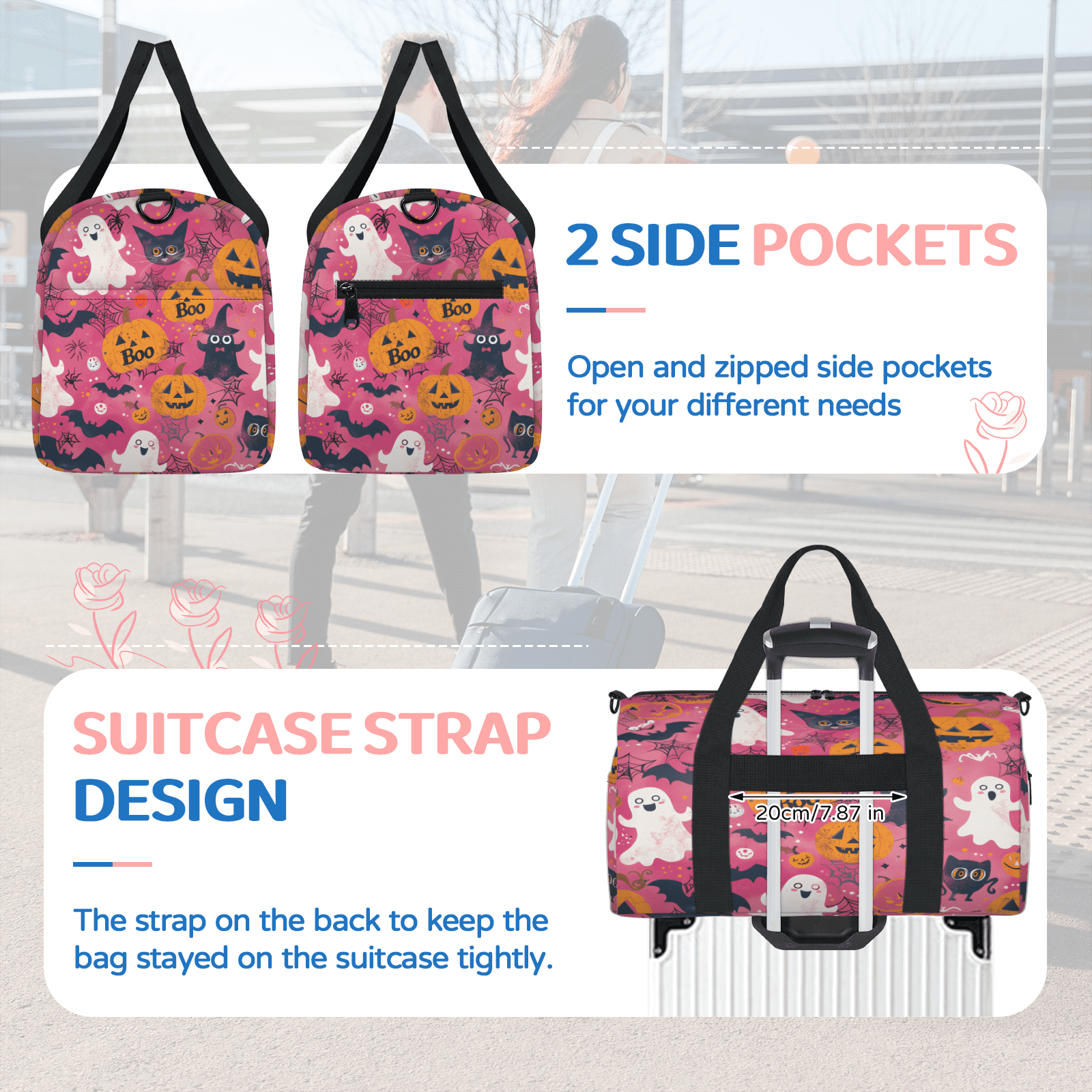 Herdesigns Halloween Gym Bag for Women, Duffle Bag for Travel Sport, Bat Pumpkin Ghost Lightweight Waterproof Carry on Weekender Dance Yoga Workout Bags