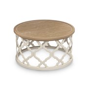 Bestco 30in Round French Country Coffee Table, Farmhouse Coffee Table, Distressed Wood Tray Top Vintage Coffee Table with Storage Shelf, Beige