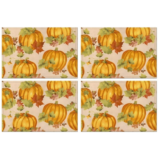 Sets de Table Citrouille Orange pour Cuisine 4 Pcs Récolte de l'Action de Grâce Automne Durables en Lin 12 X 18 Pouces Modes de Vacances pour Table à Manger