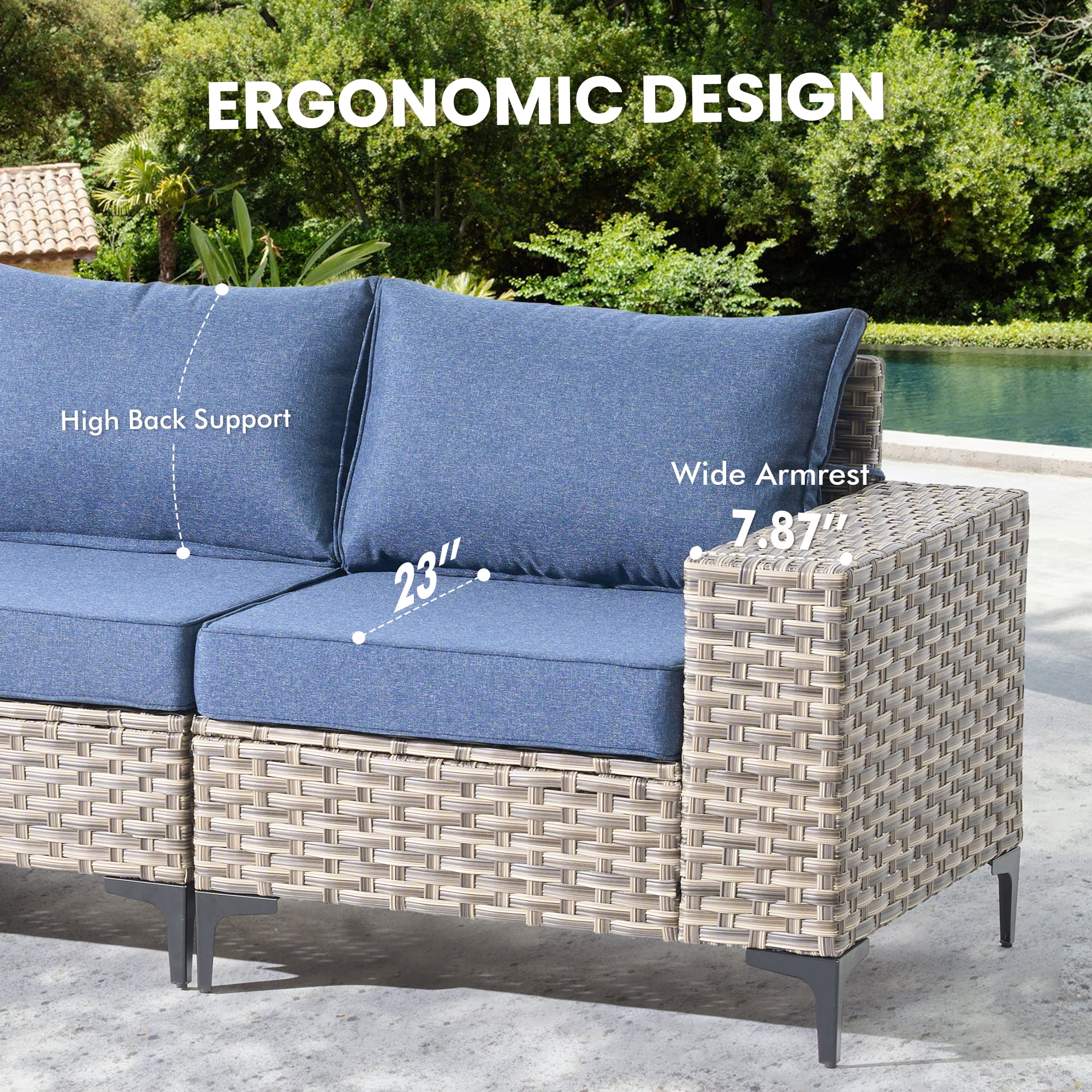 XIZZI Patio Furniture Outdoor Conversation Set with Wide Armrests, Wicker Rattan Patio Outdoor sectional with Firepit Table and Swivel Rocking Chair, Denim Blue