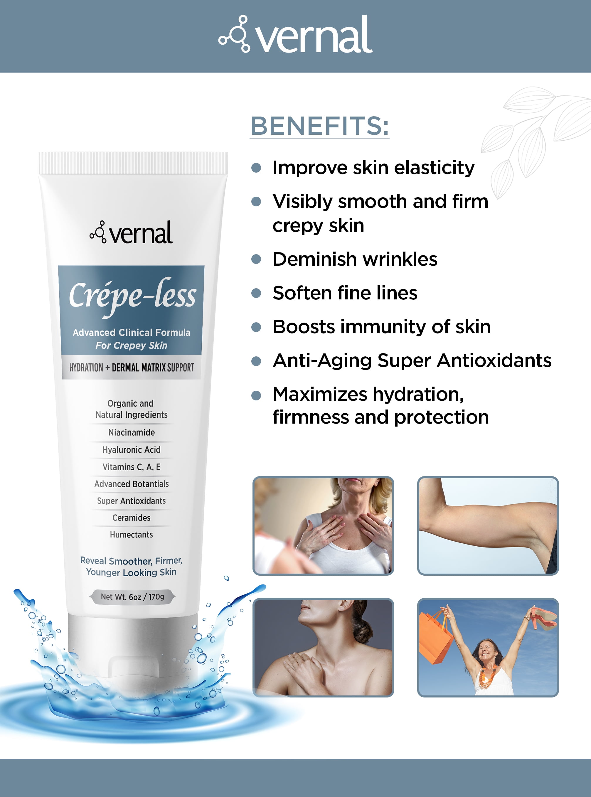 Crepe-less Crepey Skin Firming Cream to Reduce Crepey Arms, Neck & Hands. Finally, an Organic Cream That Uses Facial Ingredients For Your Body! Best moisturizer to treat saggy, crepe skin.