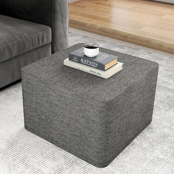 Square Stuffed Pouf Ottoman Foot Rest, Floor Pouf Foot Stool with Foam Chunk Filling, 24” x 24” Soft Stuffed Footrest for Living Room, Home & Bedroom Decor (Dark Grey, Ottoman)