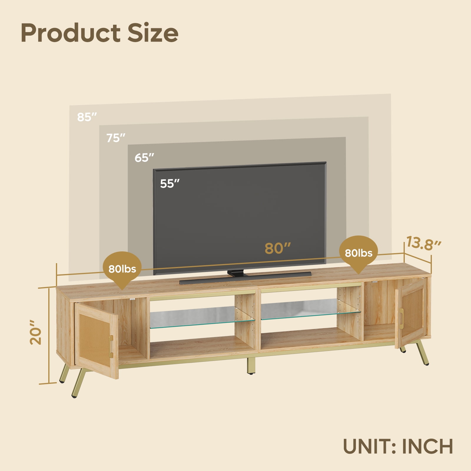 Bestier 80" TV Stand with LED for TVs up to 85", Rattan Mid Century Modern Entertainment Center, Natual Oak