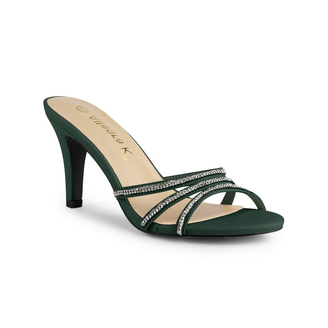 BLISSFUL STEP Women's Triple Strap Rhinestone Mules Open Toe Stiletto Heel Slide Sandals Dark Green 8