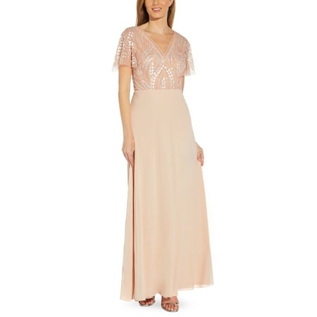 Adrianna Papell Women's V Neck Beaded Bodice Gown Pink Size 14