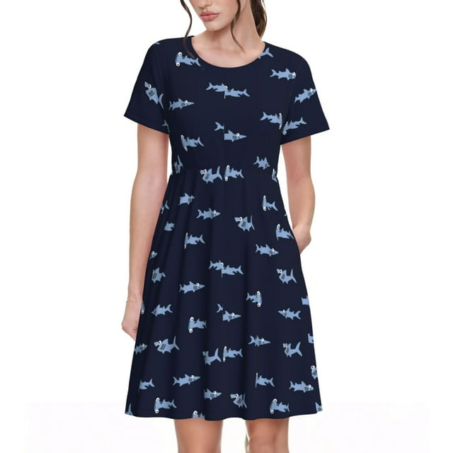 Balery Cute Shark Vestidos sueltos de manga corta para mujer, vestidos de verano 2025, vestidos casuales de corte A con vuelo.