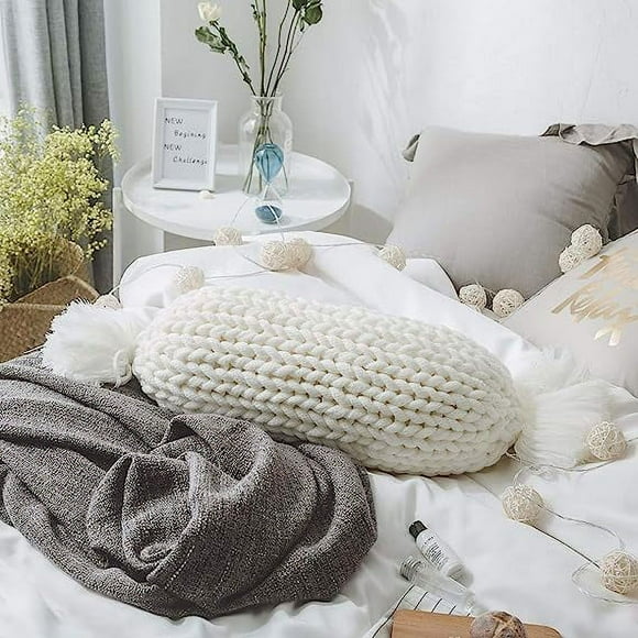 Nvzi Chunky Knit Candy Shaped Throw Pillows with Insert Super Soft Cozy Decorative Handmade Cushions (White, 12"x20")