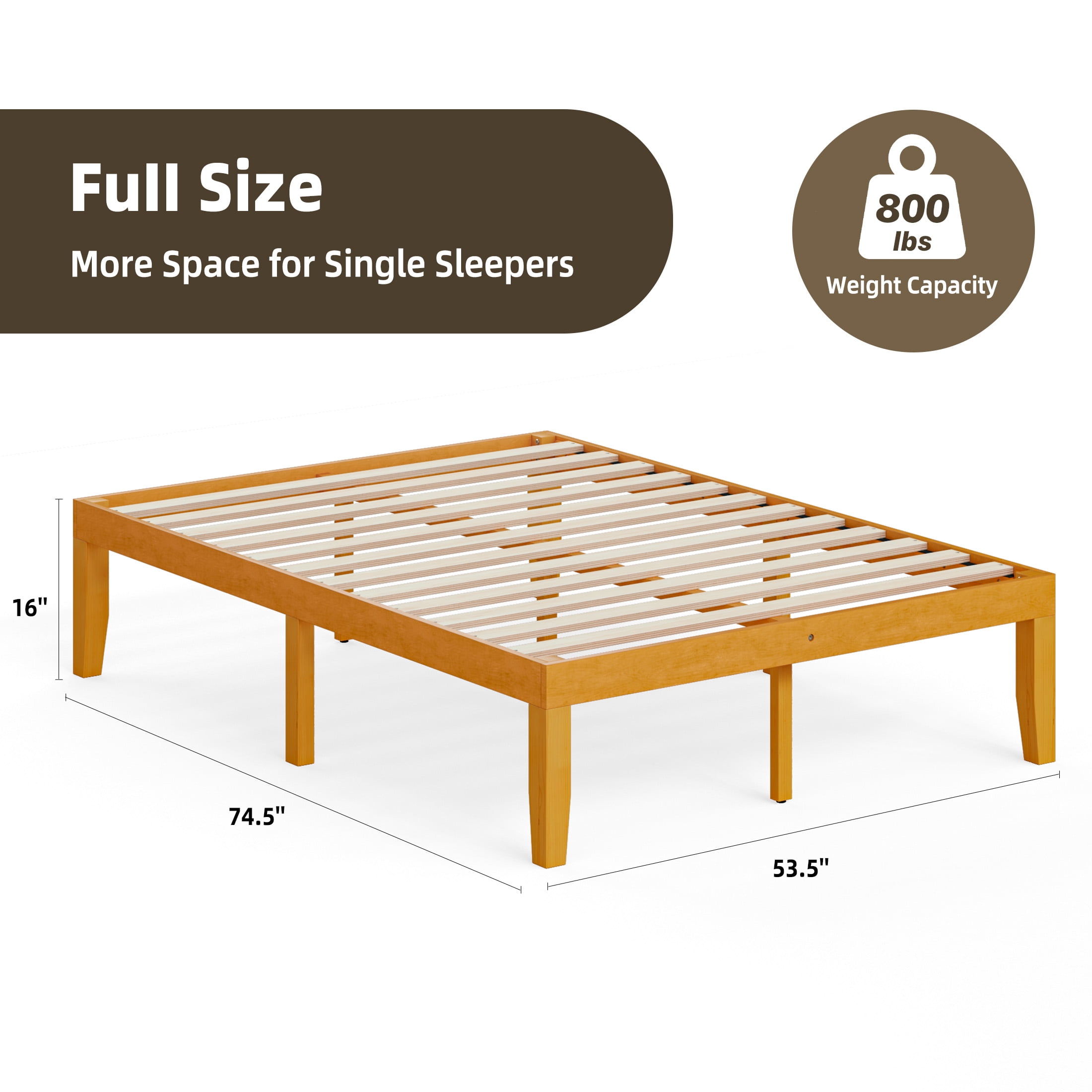 Gianna Full Size Wood Platform Bed Frames 16 Inch No Box Spring Need, 500 LBS Capacity, Noiseless, Honey Finish