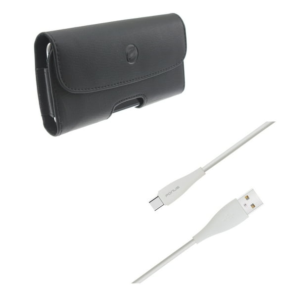 Black Leather Carry Case Side Cover Pouch w 6ft Long TPE USB Type-C Cable Sync Wire N8P for Alcatel 7 - Coolpad Legacy - Nokia 3.1 Plus - OnePlus 7 Pro - Samsung Galaxy S10 5G Note9 Note8 A9