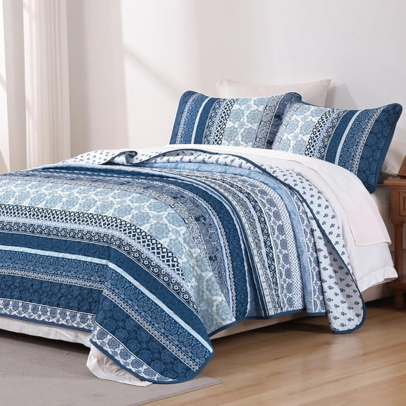 Boho Quilt Set Queen Size, Navy Blue Bohemian 3 Pieces Quilt Sets, Lightweight Microfiber Bedspread Coverlet Bedding Set for All Season (96"x90")