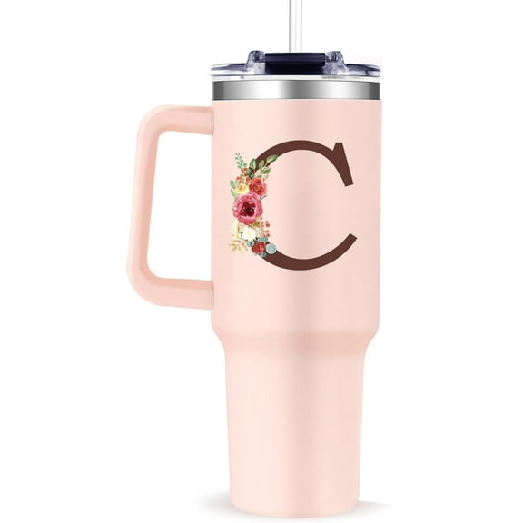 Monogrammed 40oz Tumbler with Handle for Women, Personalized Birthday Gifts for Women,Initial Cups for Woman Floral Letter C,Customized Gifts for Female Lady Gift for Mothers Day Christmas