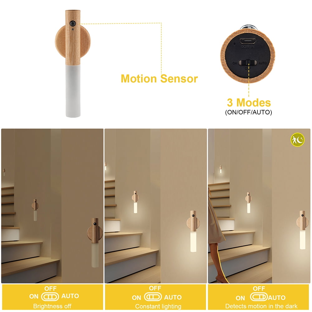 LANDGOO Auto PIR Motion Sensor Night Light LED Magnetic Wall Light Rechargeable Intelligent Wood Wall Kitchen Cabinet Wardrobe Lamp (White Ash Wood)