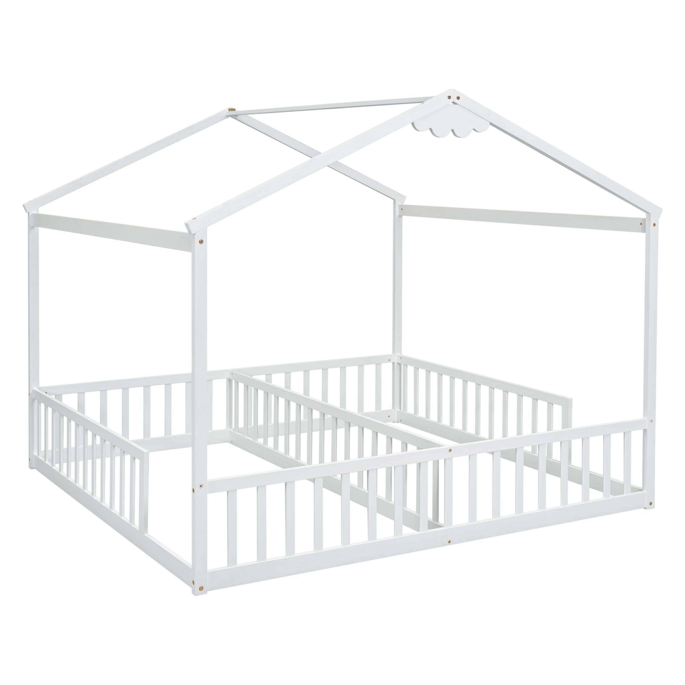 Aukfa Double Twin Bed Frame for 2 Kids Toddlers, Two House Bed with Fence, Two Shared Beds, White