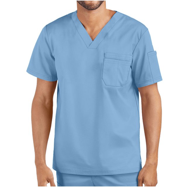 Birdeem Men Tops Short Sleeve V-neck Tops Working Uniform Solid Color With Pockets Blouse