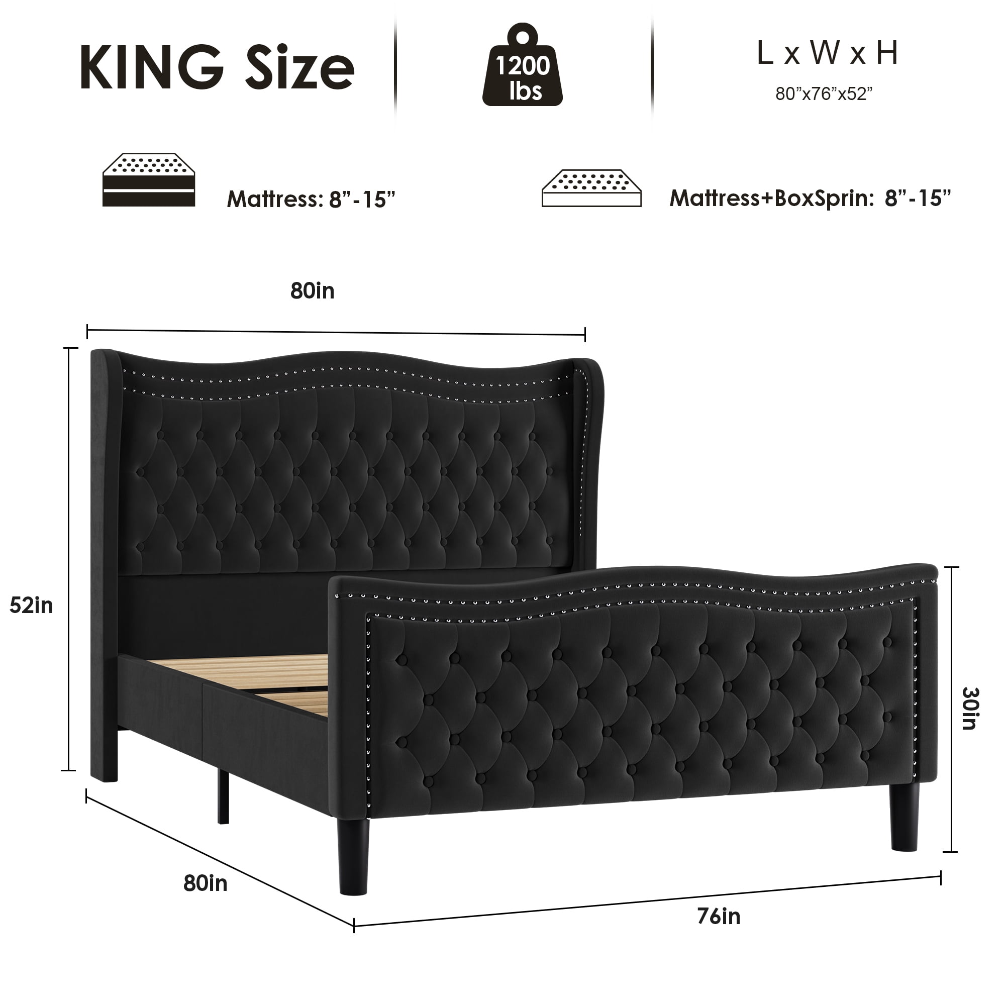 Gewnee King Bed Frame with 52'' Tall Headboard Velvet Upholstered Bed Frame,Double Nail & Wingback Design Platform Bed Frame.Black