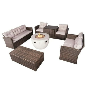 Abrihome 7-Piece Patio Brown Rattan Wicker Conversational Sofa Set with Firepit Table and Two Storage Coffee Tables