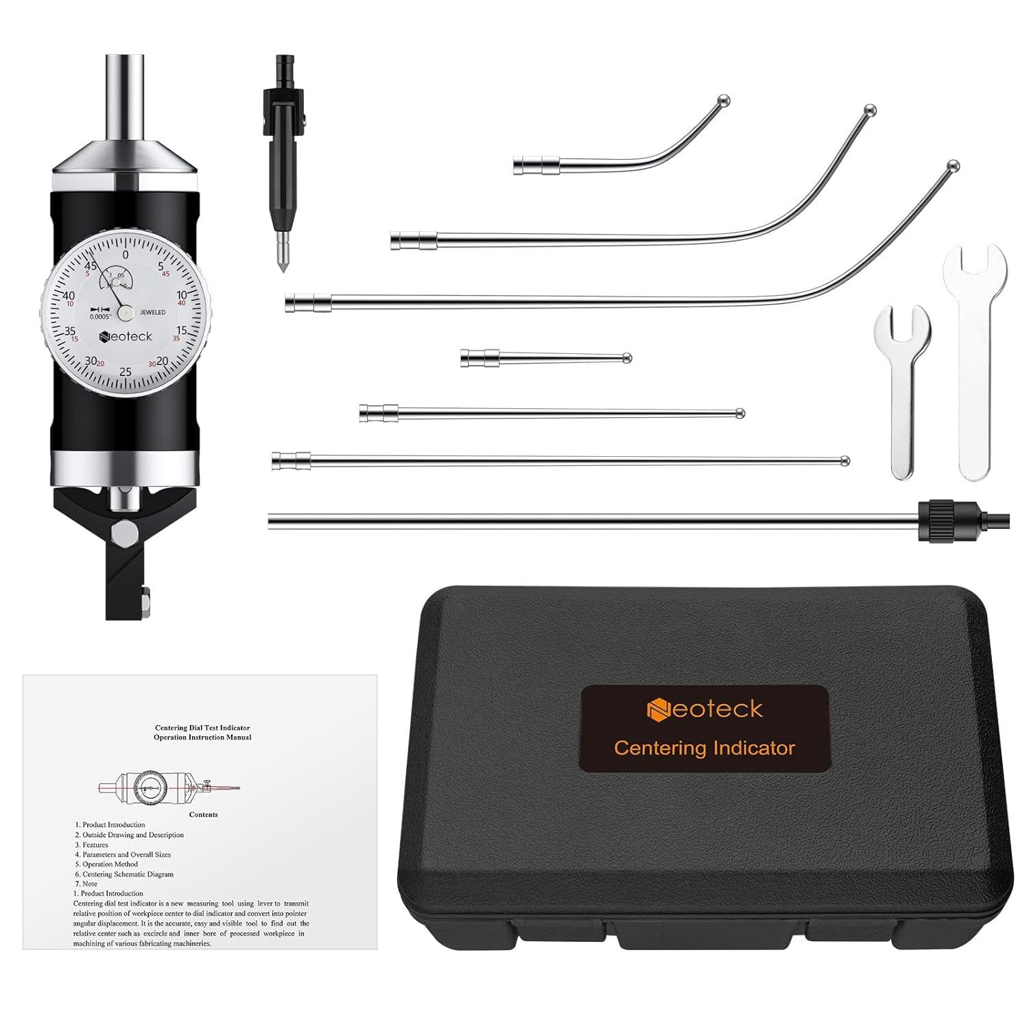 Neoteck Coaxial Centering Indicator 0-0.15''/0.0005'' Dial Indicator Set with Storage Case Accurate Co-Ax Indicator for Milling Machine Center Test Dial-Silver
