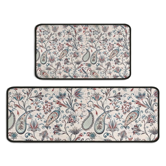 White Pioneer Flower and Paisley Pattern Kitchen Rugs Sets Of 2,Anti Fatigue Kitchen Mat Rugs Non Slip Washable,Decorative Kitchen Floor Mats for Kitchen,Sink,Laundry,17"X30" 17"X47"