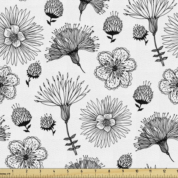Botanical Fabric by the Yard Upholstery, Gardening Blossoming Perennial Flower Branches Spring Revival Fragrance Yard, Decorative Fabric for DIY and Home Accents, Black and White by Ambesonne