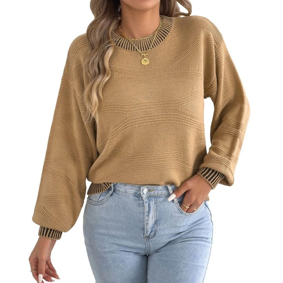 Qiopertar Women's Sweater Knitted Round Neck Long Sleeve Casual Loose Tops Fall Winter Basic Pullover Khaki S