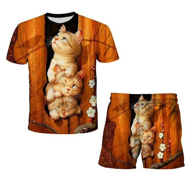 Conjuntos de ropa para bebés, niños, niñas, gatos, camisetas de dibujos animados para niños, pantalones cortos, trajes, ropa informal para niños, trajes de 1 a 14 años, 6T Gao Jinjia LED