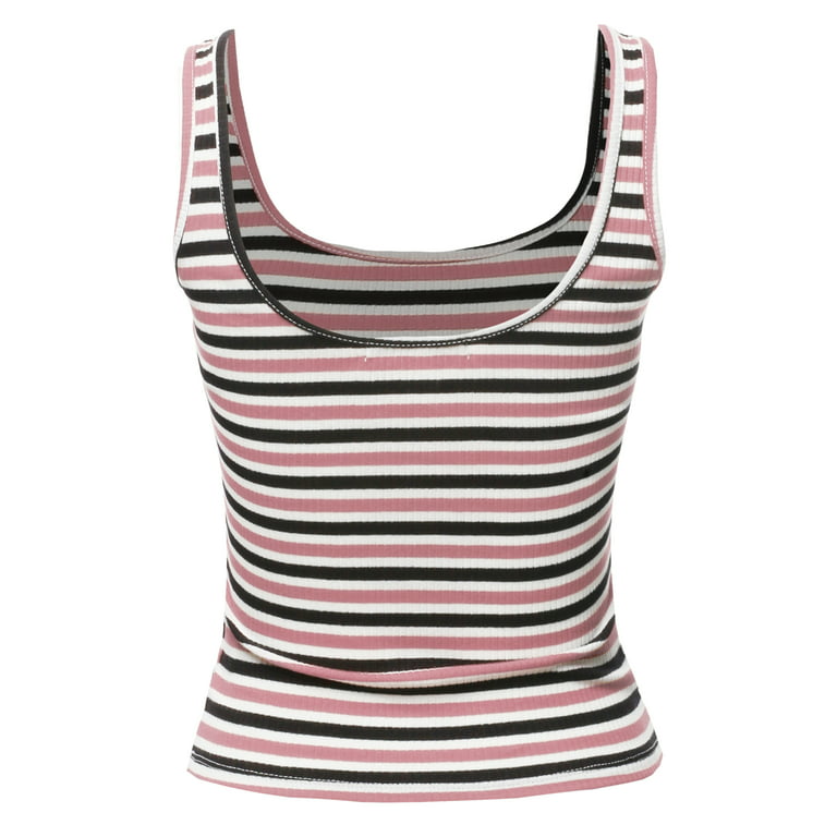 A2Y Women's Basic Stripe Double Scoop Neck Rib Cropped Tank Top Pink Black  S 