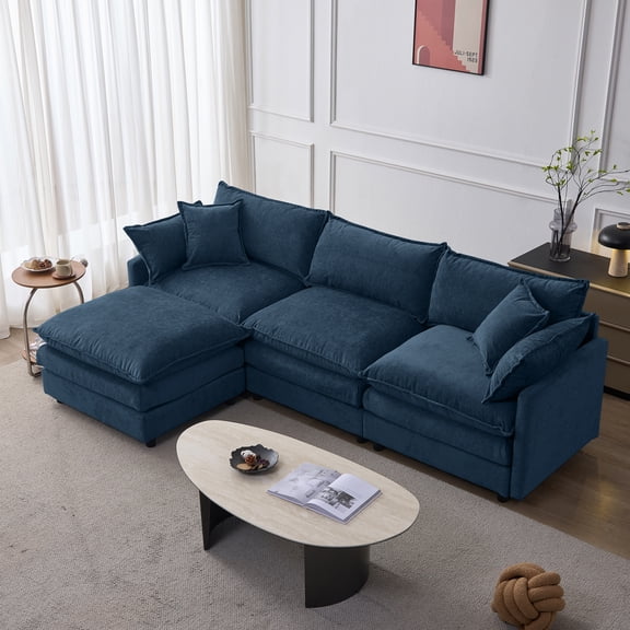 105" Modular Sectional Couch,Upholstered Soft Chenille Fabric Sofa,3 Seater with Ottoman L Shape Sofa Blue