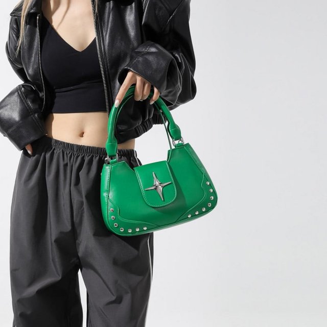Bolso de mano con remaches de PU para mujer, bolso cruzado sólido con asa superior, bolso de hombro (verde)
