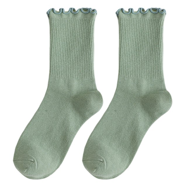 CSChome Shirring Edge Socks Women Mid-tube Shirring Edge Japanese Style Solid Color High Elasticity Slip Thin Soft Breathable