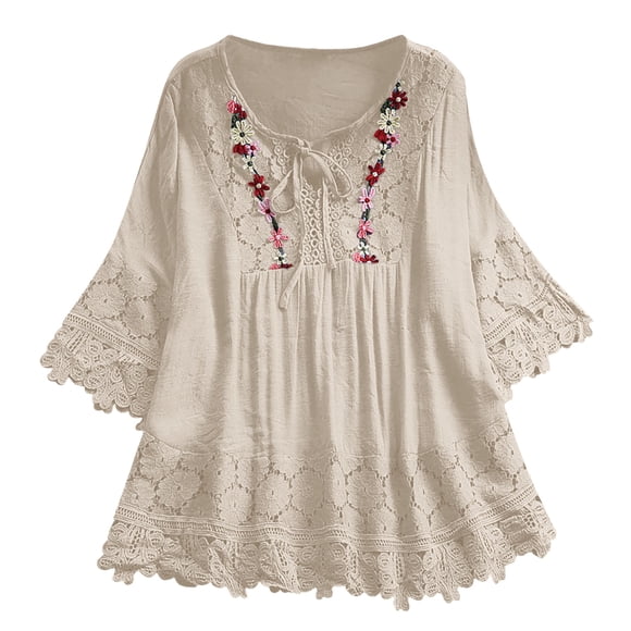 2025 Women Vintage Lace Patchwork Womens Shirt Bow V Neck Three Womens Tee Shirts Quarter Blouses Top T Womens Running Clothes