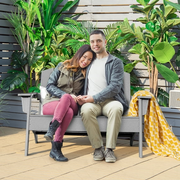 Costway Patio Adirondack Chair Loveseat Bench HDPE Weather Resistant Deck Grey