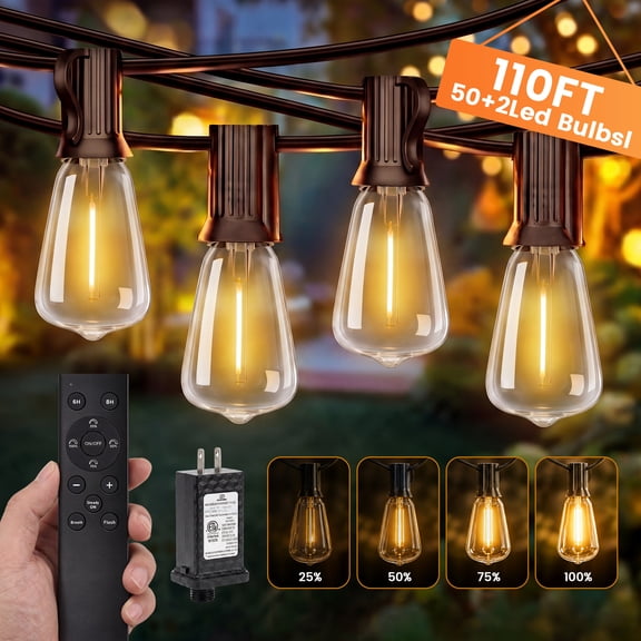 Mylorn Low Voltage 110FT Outdoor String Lights ST38 LED Bulbs 50 2, 2700K Warm Dimmable with Remote, 3 Modes: Steady/Flicker/Breathing, 2FT Spacing Waterproof for Backyard Patio Wedding