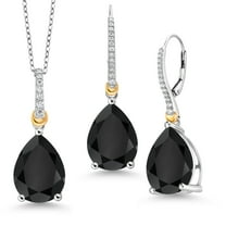 Gem Stone King 925 Sterling Silver and 10K Yellow Gold Black Onyx and White Moissanite Pendant Earrings Set for Women (22.37 Cttw, Pear Shape 16X12MM, with 18 inch Chain)