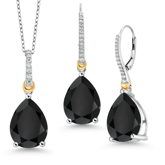 Gem Stone King 925 Sterling Silver and 10K Yellow Gold Black Onyx and White Moissanite Pendant Earrings Set for Women (22.37 Cttw, Pear Shape 16X12MM, with 18 inch Chain)