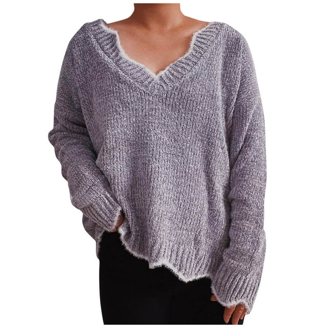 Rbaofujie Tunic Sweaters for Women Solid Color Thick Loose Knitted Sweater V-neck Sweater Gray Fall Sweaters