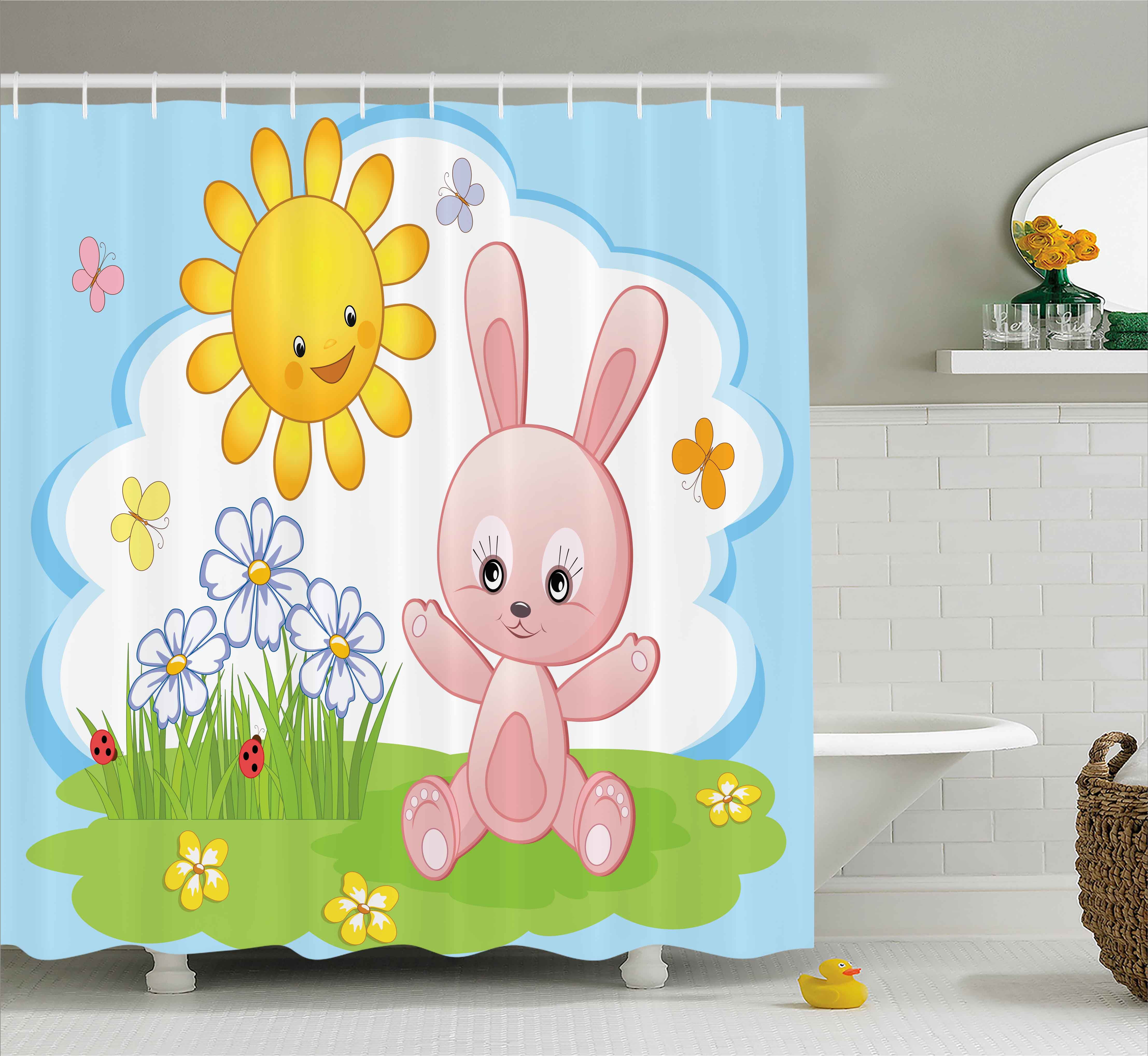 Kids Decor Shower Curtain Cute Bunny Rabbit In Flower Garden With Kids Decor Shower Curtain Cute Bunny Rabbit In Flower Garden With Happy Sun Lady Bugs And Erfly Print Fabric Bathroom Set Hooks 69w X 84l Inches