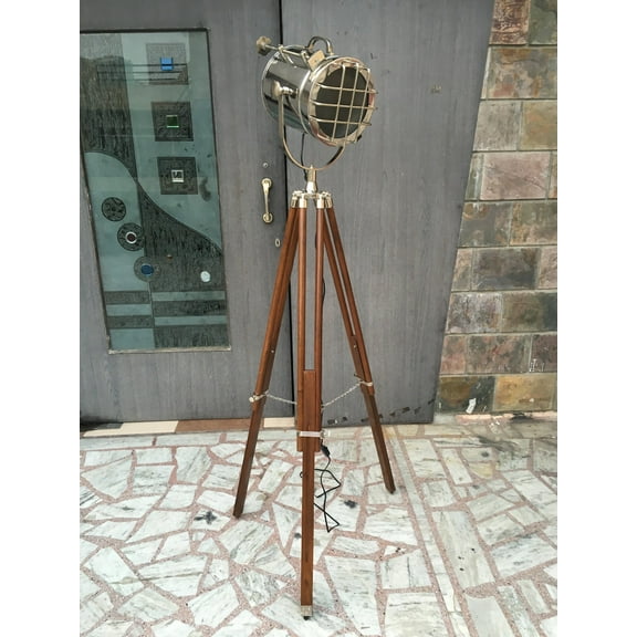 Handmade Wooden Tripod Studio Lamp Marine Flap Searchlight Chrome Nickel Retro Spotlight Focus Floor Lamp Home Decor