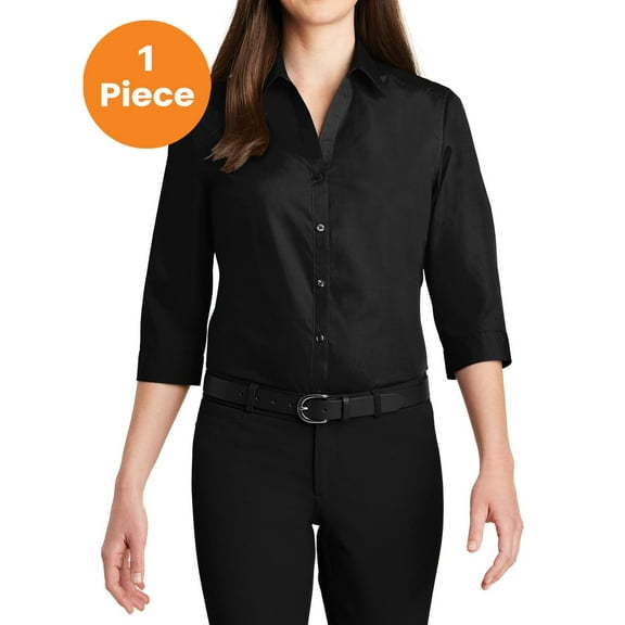 Port Authority LW102 Ladies 3/4-Sleeve Carefree Poplin Shirt, Deep Black, M, Womens Button Down Shirts