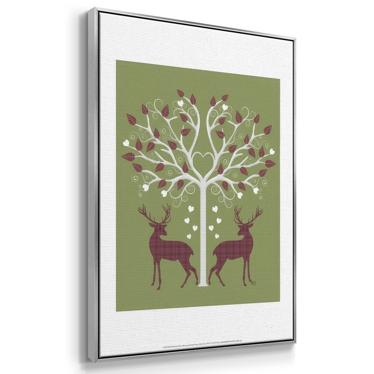 Christmas Des - Deer and Heart Tree, Pink On Green - Framed Gallery Wrapped Holiday Canvas - 25 x 37 - Silver Frame