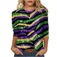 thumbnail image 2 of Pounoo Womens Mardi Gras Tops Mask Graphic Crew Neck 3/4 Sleeve Shirts 3D Print Top Mardi Gras Outfit Carnival Themed Party Tees Gift, 2 of 5
