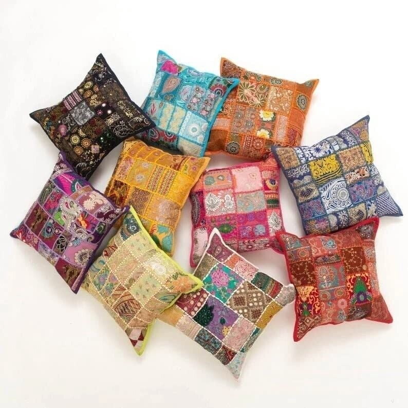 Indian Bohemian Decorative Sofa Throw Pillow Cover 16 Inch Cotton Patchwork Geometric Indian Square Couch Cushion Cover (Size - 40x40 cm ; Color: Beige )