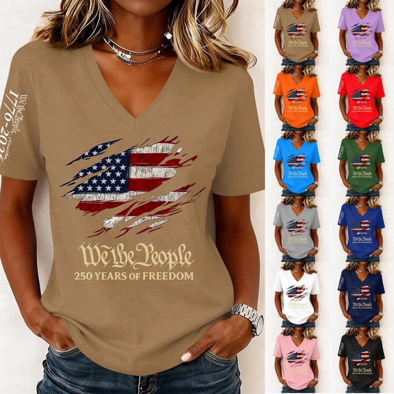 V Neck Shirts 4th of July for Women American Flag Graphic Tee Casual Color Block Short Sleeve Summer Tops